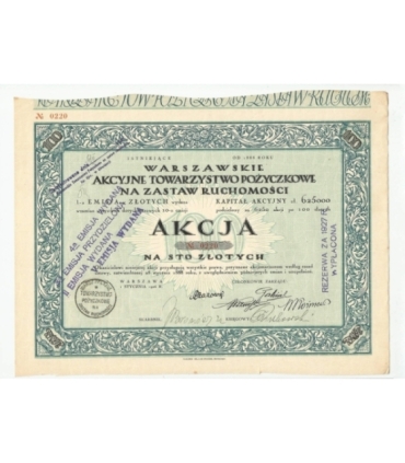 1 akcja Warszawskiego Akcyjnego Towarzystwa Pożyczkowego 0220 + kupony