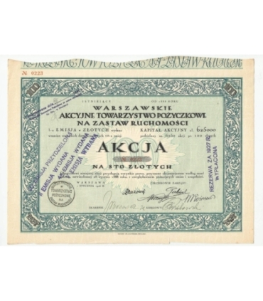 1 akcja Warszawskiego Akcyjnego Towarzystwa Pożyczkowego No. 0223