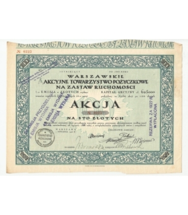 1 akcja Warszawskiego Akcyjnego Towarzystwa Pożyczkowego No. 0225