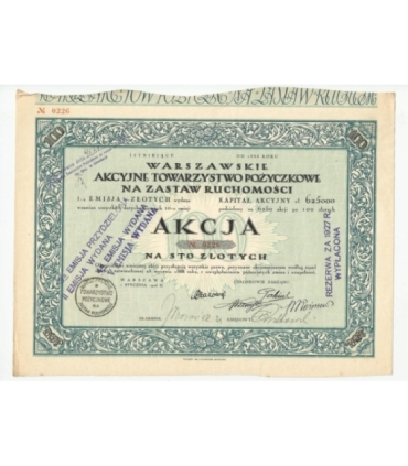 1 akcja Warszawskiego Akcyjnego Towarzystwa Pożyczkowego No. 0226