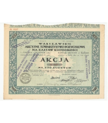 1 akcja Warszawskiego Akcyjnego Towarzystwa Pożyczkowego No. 0227