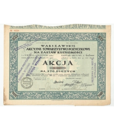 1 akcja Warszawskiego Akcyjnego Towarzystwa Pożyczkowego No. 0228