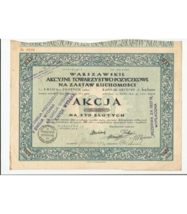 1 akcja Warszawskiego Akcyjnego Towarzystwa Pożyczkowego No. 0229