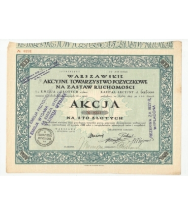 1 akcja Warszawskiego Akcyjnego Towarzystwa Pożyczkowego No. 0231