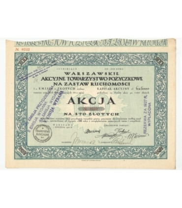 1 akcja Warszawskiego Akcyjnego Towarzystwa Pożyczkowego No. 0232