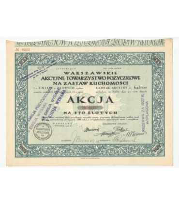 1 akcja Warszawskiego Akcyjnego Towarzystwa Pożyczkowego No. 0233