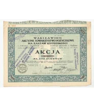 1 akcja Warszawskiego Akcyjnego Towarzystwa Pożyczkowego No. 0245