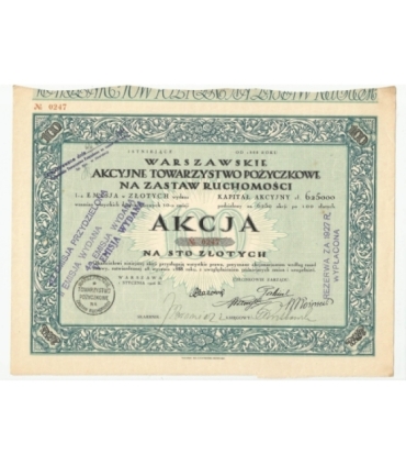 1 akcja Warszawskiego Akcyjnego Towarzystwa Pożyczkowego No. 0247