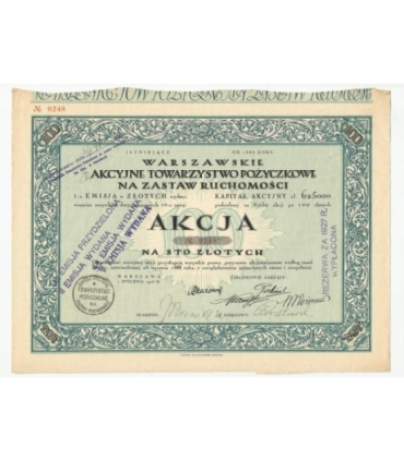 1 akcja Warszawskiego Akcyjnego Towarzystwa Pożyczkowego No. 0248
