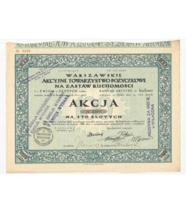 1 akcja Warszawskiego Akcyjnego Towarzystwa Pożyczkowego No. 0249