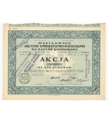 1 akcja Warszawskiego Akcyjnego Towarzystwa Pożyczkowego No. 0250