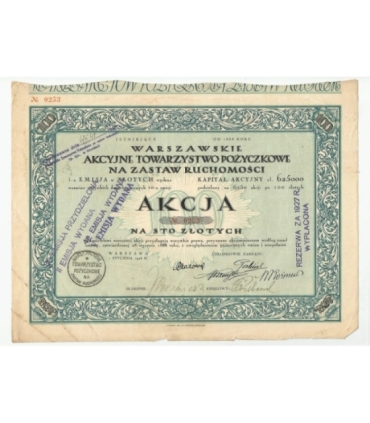 1 akcja Warszawskiego Akcyjnego Towarzystwa Pożyczkowego No. 0253