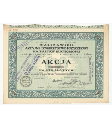 1 akcja Warszawskiego Akcyjnego Towarzystwa Pożyczkowego No. 0254
