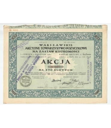 1 akcja Warszawskiego Akcyjnego Towarzystwa Pożyczkowego No. 0255