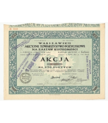 1 akcja Warszawskiego Akcyjnego Towarzystwa Pożyczkowego No. 0256
