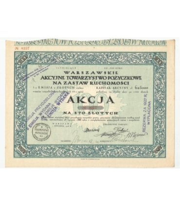 1 akcja Warszawskiego Akcyjnego Towarzystwa Pożyczkowego No. 0257