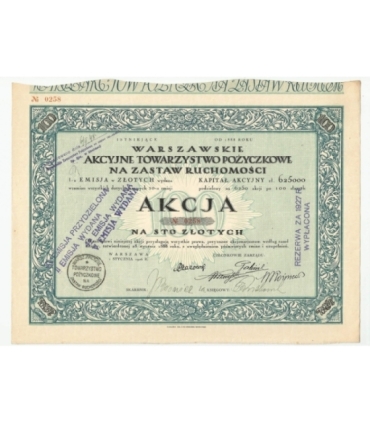 1 akcja Warszawskiego Akcyjnego Towarzystwa Pożyczkowego No. 0258