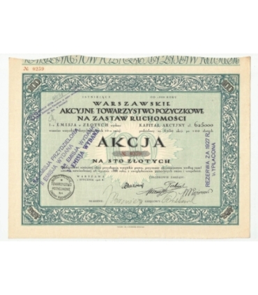 1 akcja Warszawskiego Akcyjnego Towarzystwa Pożyczkowego No. 0259
