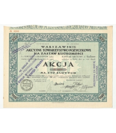1 akcja Warszawskiego Akcyjnego Towarzystwa Pożyczkowego No. 0260