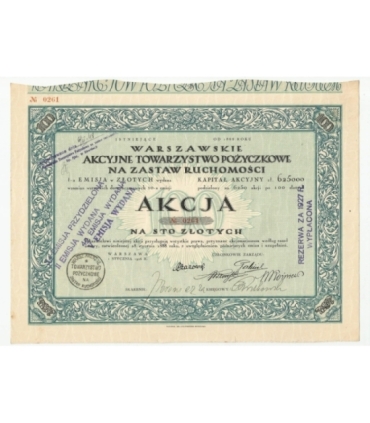 1 akcja Warszawskiego Akcyjnego Towarzystwa Pożyczkowego No. 0261