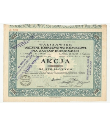 1 akcja Warszawskiego Akcyjnego Towarzystwa Pożyczkowego No. 0264