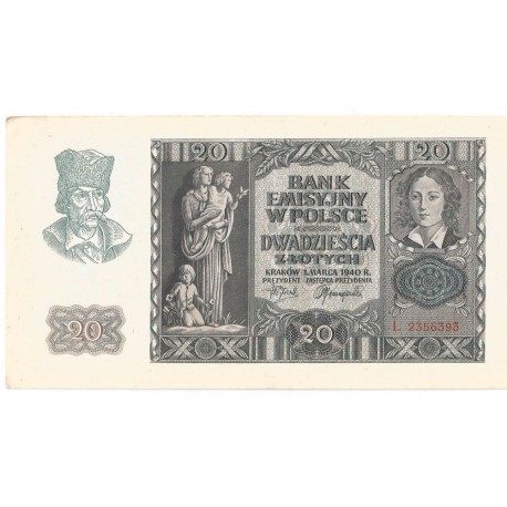 Banknot 20 złotych, 1940, seria L, stan 2-