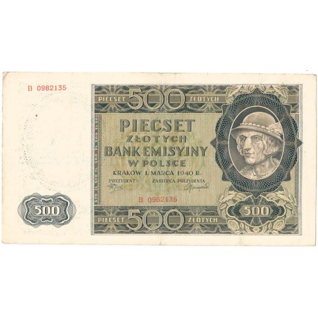 Banknot 500 złotych 1940 stan 3, Ser. B, Góral