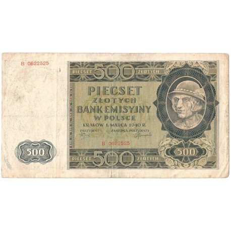 Banknot 500 złotych 1940 stan 3-, Ser. B, Góral