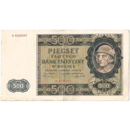 Banknot 500 złotych 1940 stan 3, Ser. A, Góral