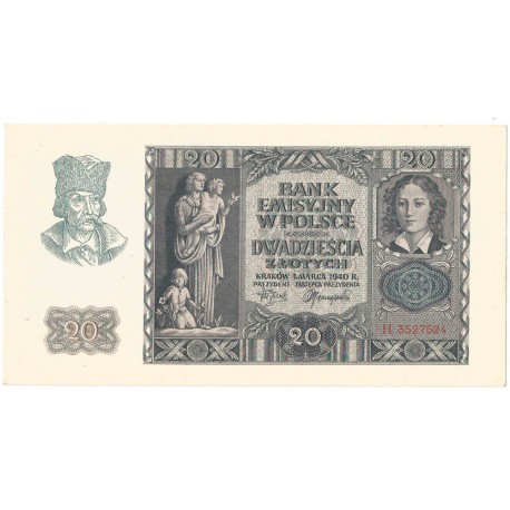 Banknot 20 złotych, 1940, seria H, stan 1-/2+