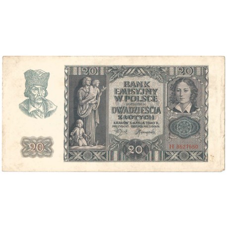 Banknot 20 złotych, 1940, seria H, stan 3+