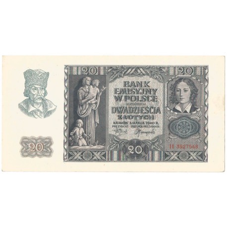 Banknot 20 złotych, 1940, seria H, stan 2+