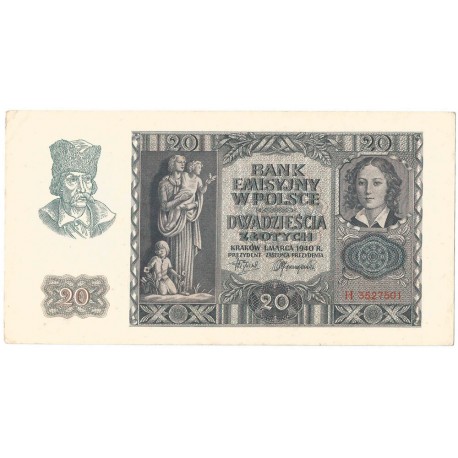 Banknot 20 złotych, 1940, seria H, stan 2-/3+