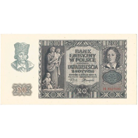 Banknot 20 złotych, 1940, seria H, stan 1-/2+