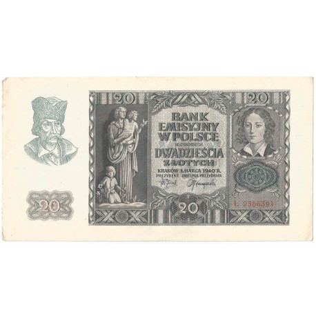 Banknot 20 złotych, 1940, seria L, stan 3