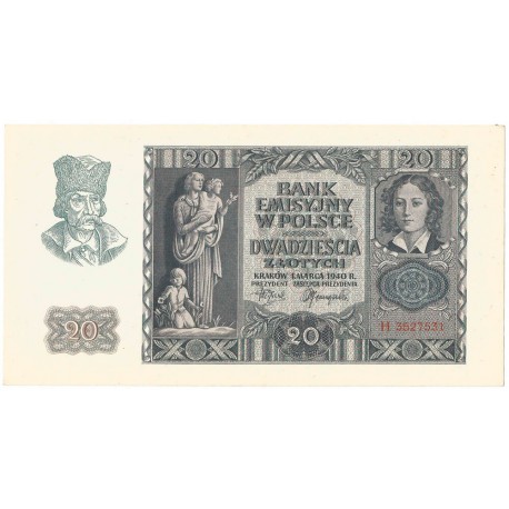 Banknot 20 złotych, 1940, seria H, stan 1-/2+