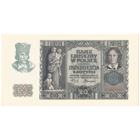 Banknot 20 złotych, 1940, seria H, stan 1-