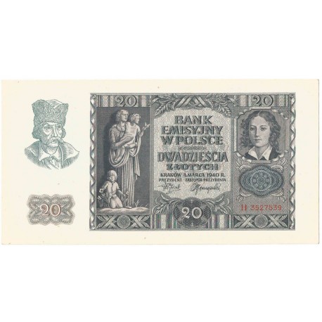 Banknot 20 złotych, 1940, seria H, stan 1-/2+