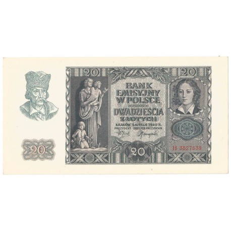 Banknot 20 złotych, 1940, seria H, stan 1-/2+