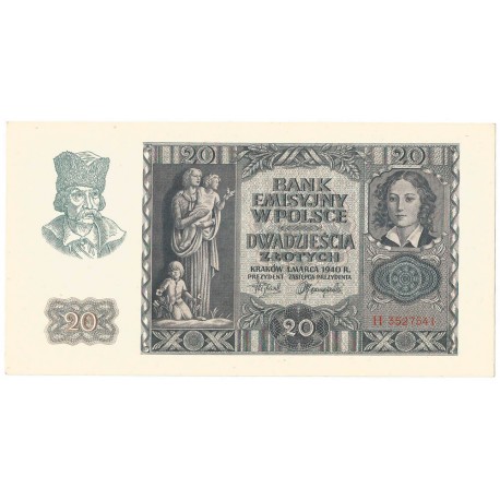 Banknot 20 złotych, 1940, seria H, stan 1-/2+