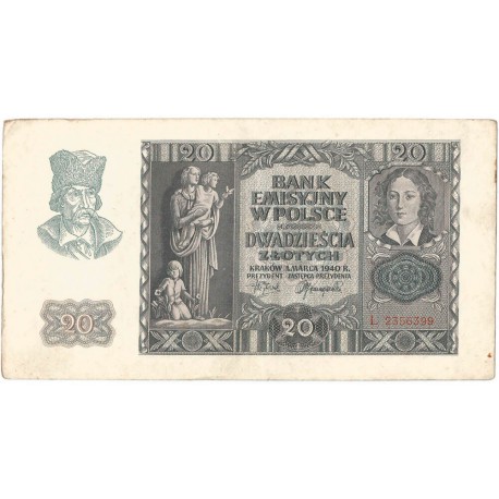 Banknot 20 złotych, 1940, seria L, stan 3