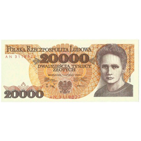 20000 zł, Maria Skłodowska-Curie, 1989, seria AN, stan 1, unc