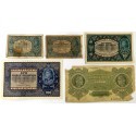 5 szt. x marki polskie 1919-1922: 2 x 1/2 marki, 10, 100, 10000 marek