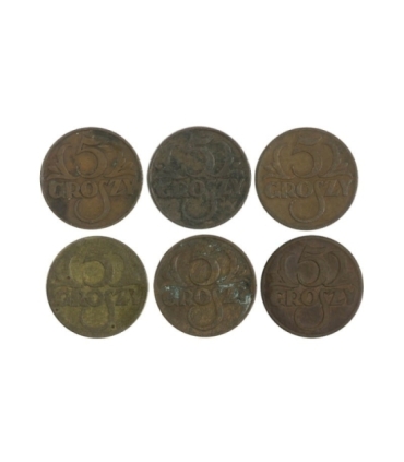 Zestaw 6 x 5 groszy II RP, stan 3