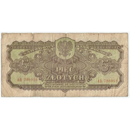 5 złotych 1944, w klauzuli OBOWIĄZKOWYM, seria AB, st. 5