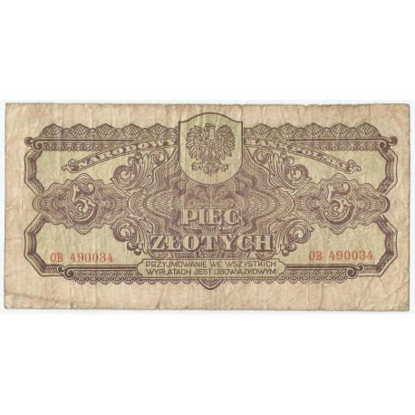 5 złotych 1944, w klauzuli OBOWIĄZKOWYM, seria OB, st. 4