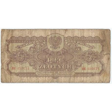 5 złotych 1944, w klauzuli OBOWIĄZKOWYM, seria HK, st. 6