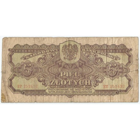 5 złotych 1944, w klauzuli OBOWIĄZKOWYM, seria ET, st. 6