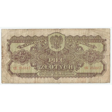 5 złotych 1944, w klauzuli OBOWIĄZKOWYM, seria CE, st. 5