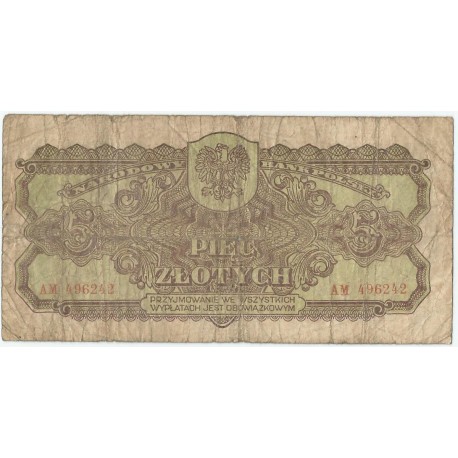 5 złotych 1944, w klauzuli OBOWIĄZKOWYM, seria AM, st. 6